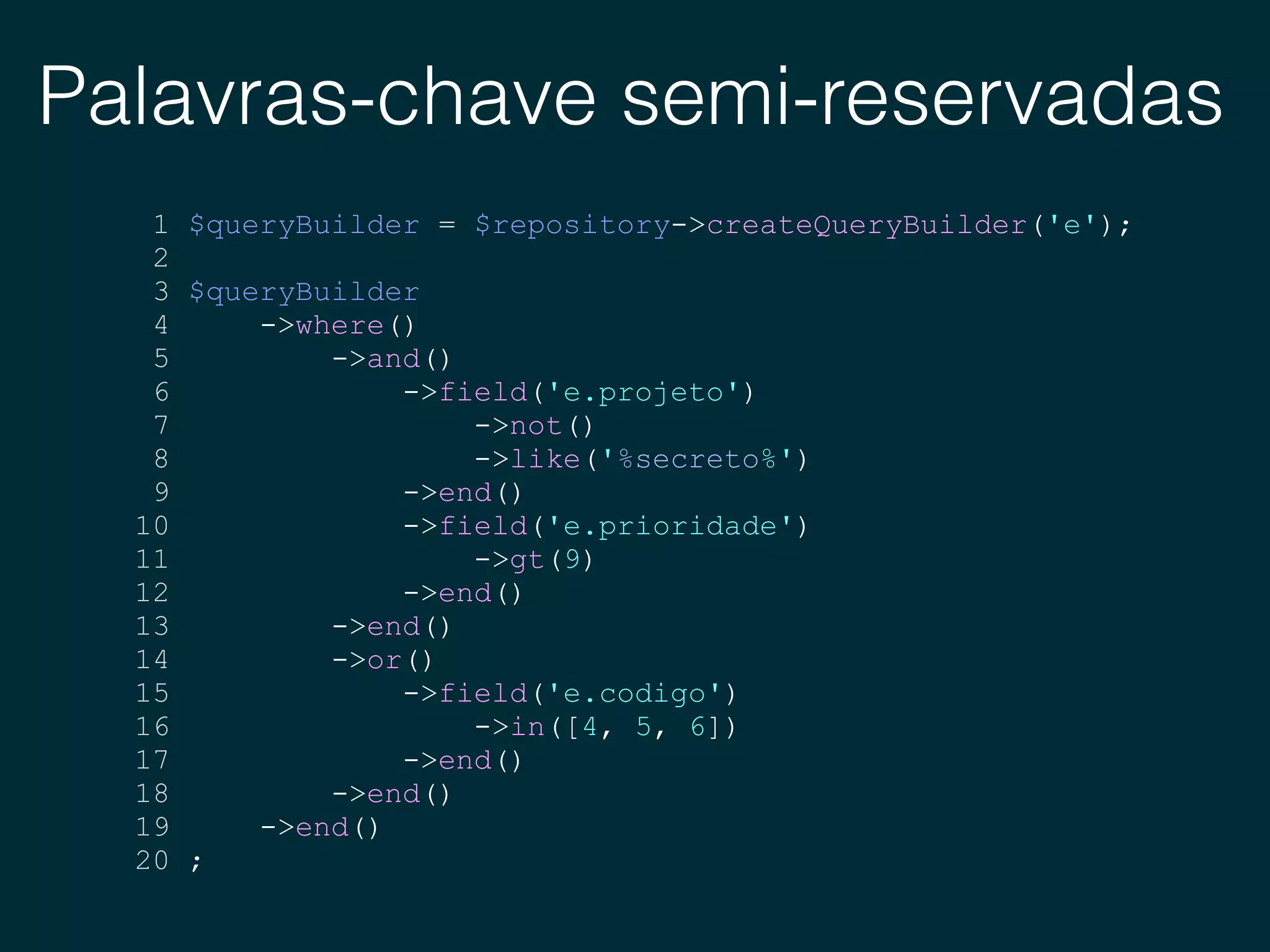Palavras-chave semi-reservadas
1 $queryBuilder = $repository->createQueryBuilder('e');
2
3 $queryBuilder
4 ->where()
5 ->and()
6 ->field('e.projeto')
7 ->not()
8 ->like('%secreto%')
9 ->end()
10 ->field('e.prioridade')
11 ->gt(9)
12 ->end()
13 ->end()
14 ->or()
15 ->field('e.codigo')
16 ->in([4, 5, 6])
17 ->end()
18 ->end()
19 ->end()
20 ;
 