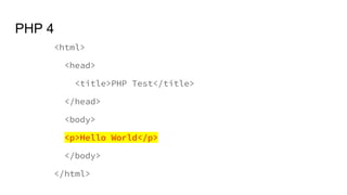 PHP 4
<html>
<head>
<title>PHP Test</title>
</head>
<body>
<p>Hello World</p>
</body>
</html>
 
