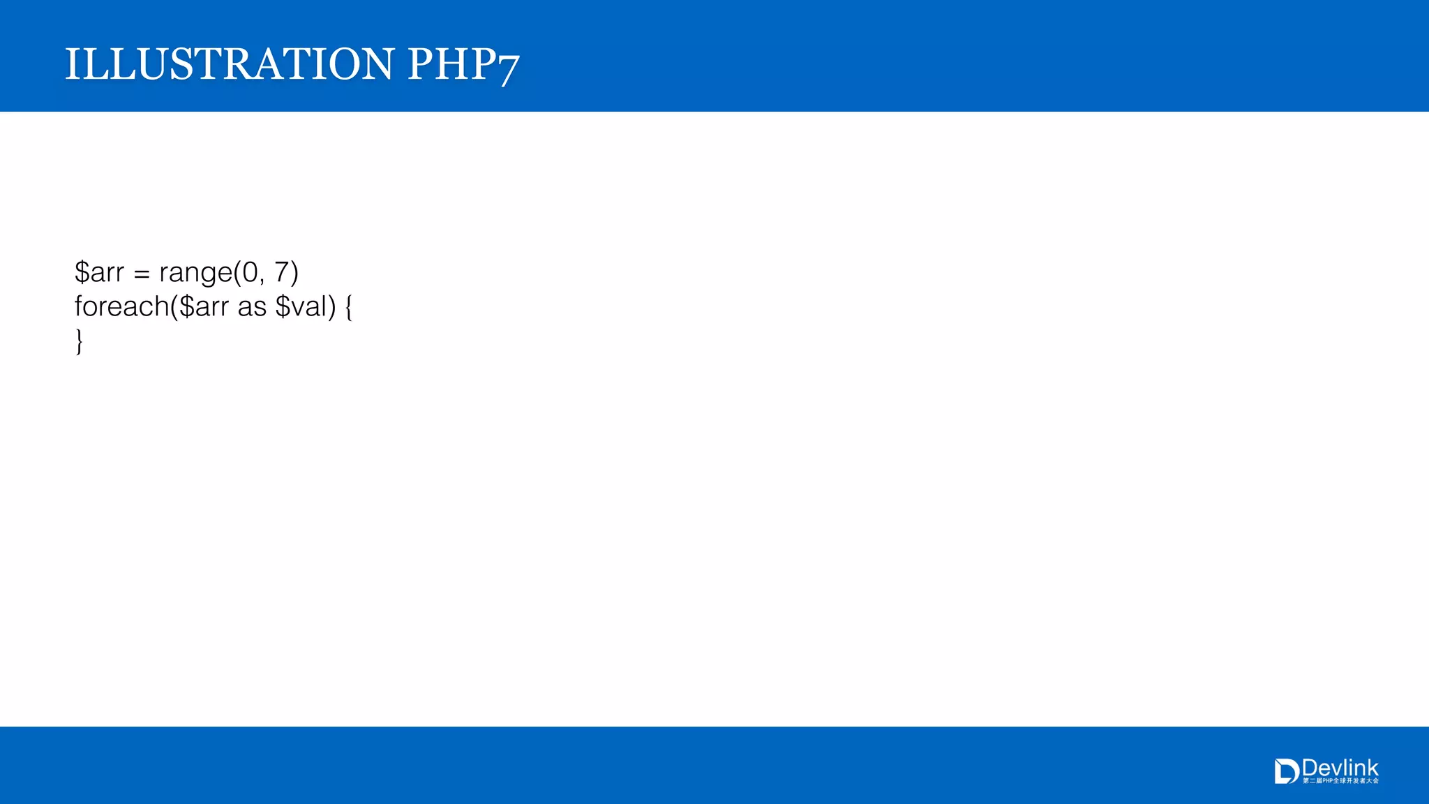 ILLUSTRATION PHP7
$arr = range(0, 7)
foreach($arr as $val) {
}
 