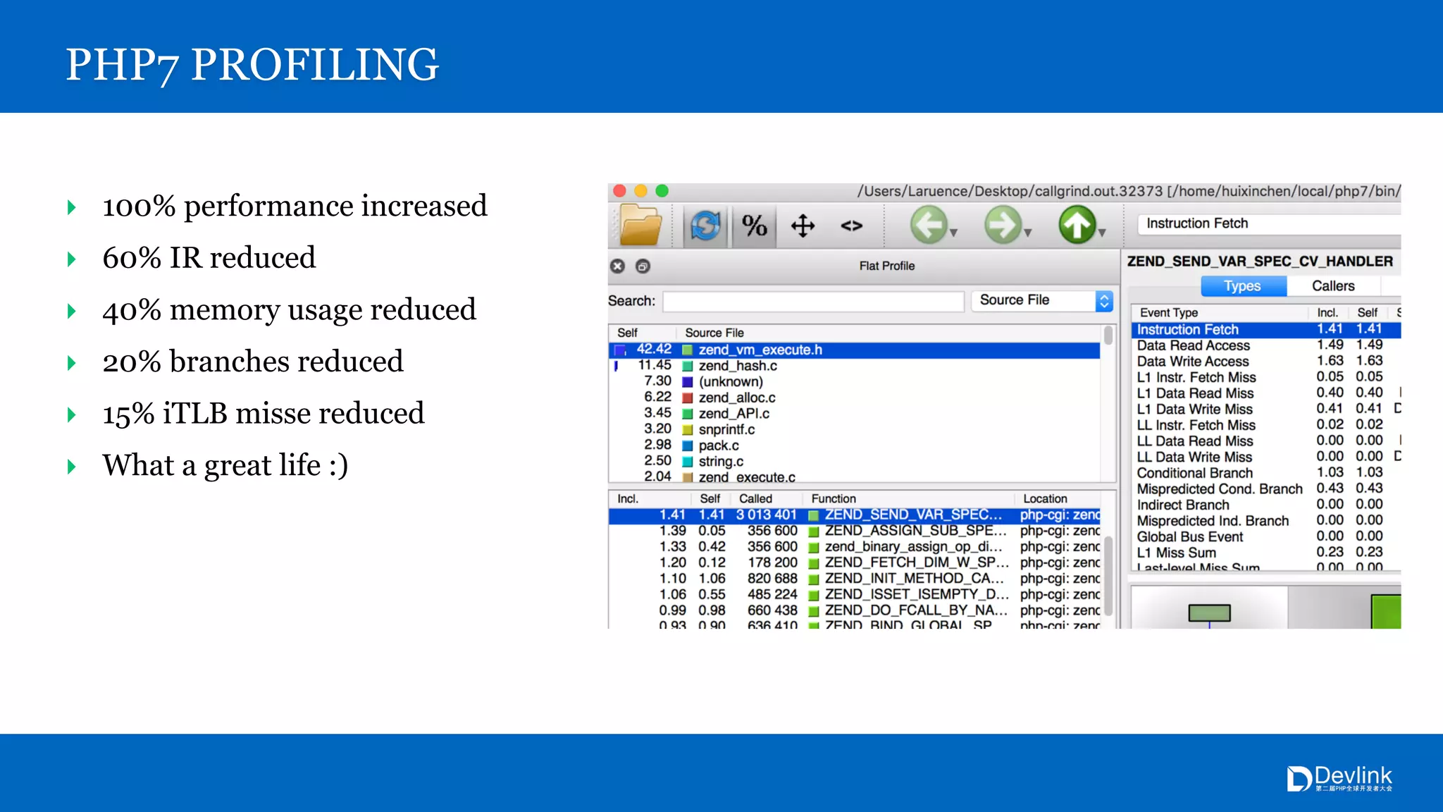 PHP7 PROFILING
‣ 100% performance increased
‣ 60% IR reduced
‣ 40% memory usage reduced
‣ 20% branches reduced
‣ 15% iTLB misse reduced
‣ What a great life :)
 
