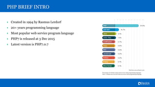 PHP BRIEF INTRO
‣ Created in 1994 by Rasmus Lerdorf
‣ 20+ years programming language
‣ Most popular web service program la...