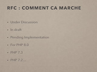 RFC : COMMENT CA MARCHE
• Under Discussion
• In draft
• Pending Implementation
• For PHP 8.0
• PHP 7.3
• PHP 7.2…
 