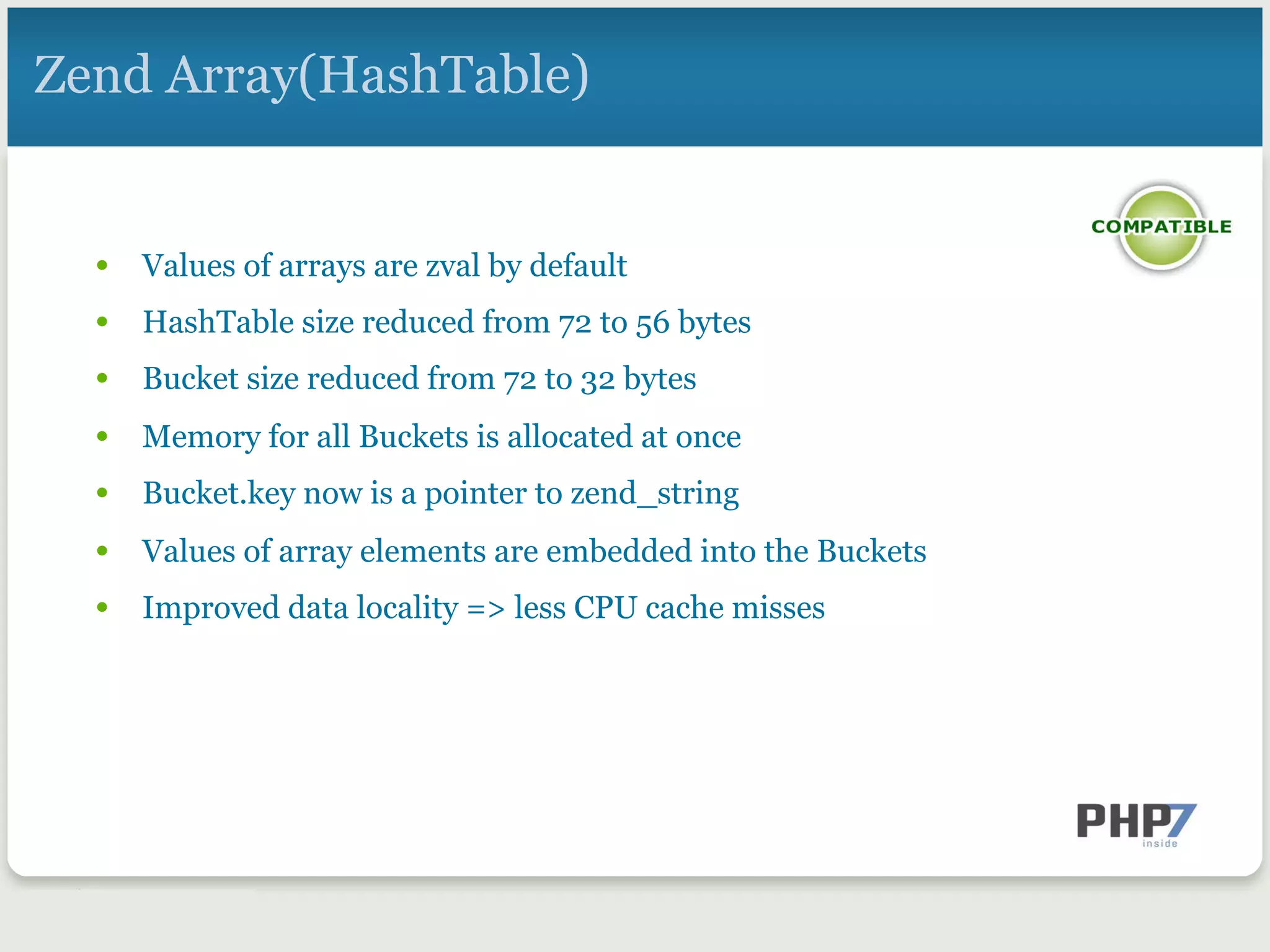 Zend Array(HashTable)
•  Values of arrays are zval by default
•  HashTable size reduced from 72 to 56 bytes
•  Bucket size reduced from 72 to 32 bytes
•  Memory for all Buckets is allocated at once
•  Bucket.key now is a pointer to zend_string
•  Values of array elements are embedded into the Buckets
•  Improved data locality => less CPU cache misses
 