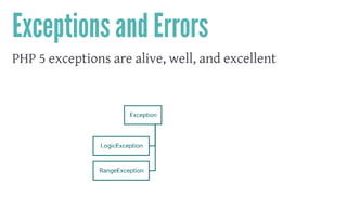 Exceptions and Errors
PHP 5 exceptions are alive, well, and excellent
 