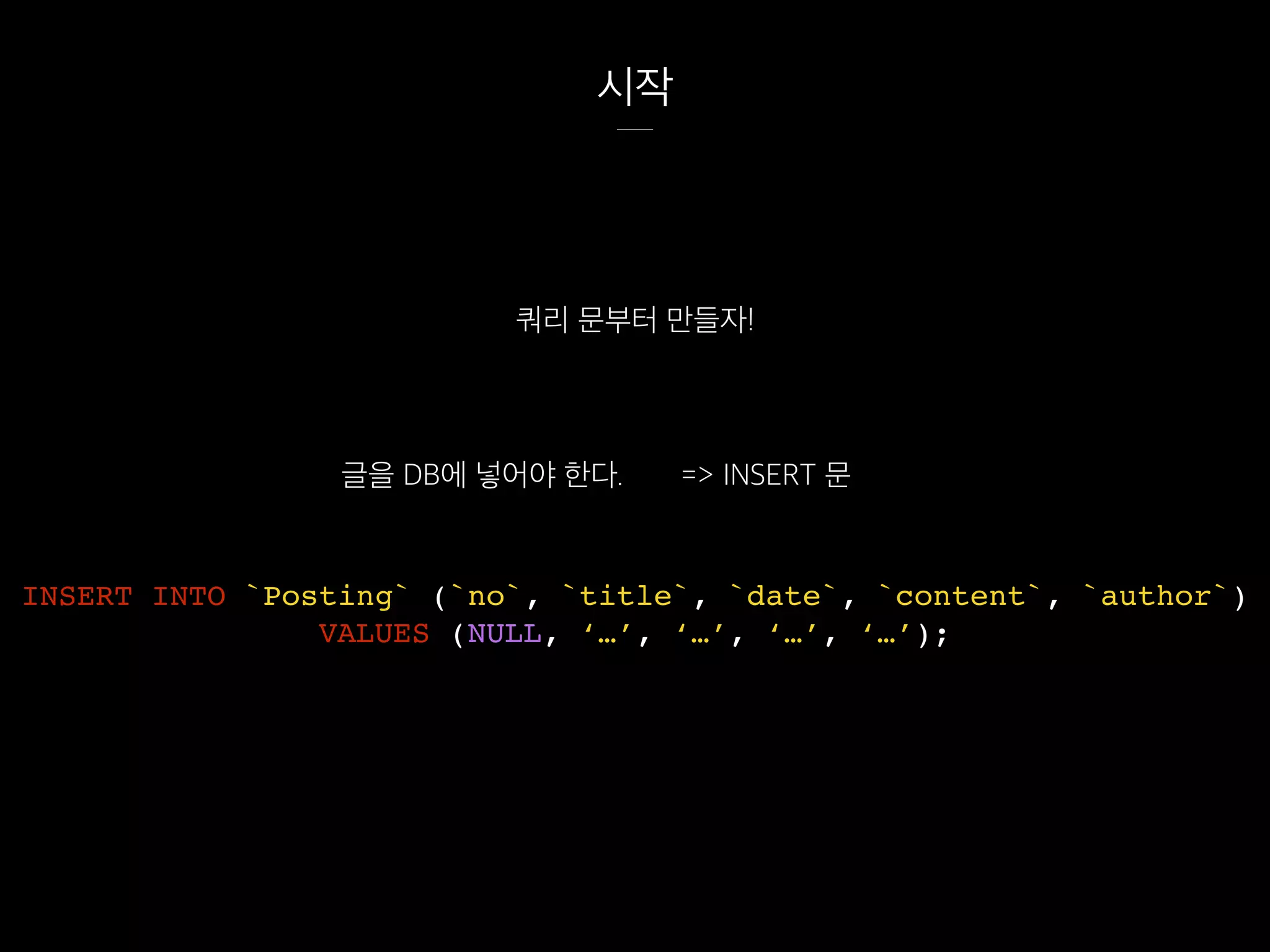 시작
쿼리 문부터 만들자!
글을 DB에 넣어야 한다. => INSERT 문
INSERT INTO `Posting` (`no`, `title`, `date`, `content`, `author`)
VALUES (NULL, ‘…’, ‘…’, ‘…’, ‘…’);
 