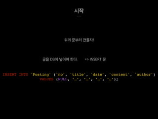 시작
쿼리 문부터 만들자!
글을 DB에 넣어야 한다. => INSERT 문
INSERT INTO `Posting` (`no`, `title`, `date`, `content`, `author`)
VALUES (NULL, ‘…’, ‘…’, ‘…’, ‘…’);
 