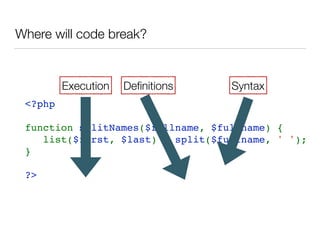 <?php
function splitNames($fullname, $fullname) {
   list($first, $last) = split($fullname, ' ');
}
?>
Where will code break?
SyntaxDeﬁnitionsExecution
 