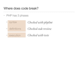 • PHP has 3 phases
• syntax
• deﬁnitions
• execution
Where does code break?
Checked with phplint
Checked with tests
Checked code review
 