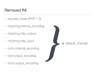 Removed INI
• sql.safe_mode (PHP 7.2)
• mbstring.internal_encoding
• mbstring.http_output
• mbstring.http_input
• iconv.internal_encoding
• iconv.input_encoding
• iconv.output_encoding
default_charset
}
 