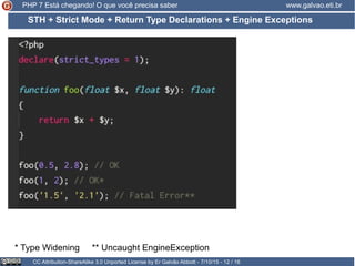 STH + Strict Mode + Return Type Declarations + Engine Exceptions
CC Attribution-ShareAlike 3.0 Unported License by Er Galvão Abbott - 7/10/15 - 12 / 16
www.galvao.eti.brPHP 7 Está chegando! O que você precisa saber
* Type Widening ** Uncaught EngineException
 