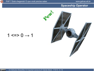 Spaceship Operator
CC Attribution-ShareAlike 3.0 Unported License by Er Galvão Abbott - 7/10/15 - 5 / 16
www.galvao.eti.brPHP 7 Está chegando! O que você precisa saber
1 <=> 0 → 1
P
ew
!
 