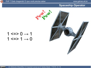 Spaceship Operator
CC Attribution-ShareAlike 3.0 Unported License by Er Galvão Abbott - 7/10/15 - 6 / 16
www.galvao.eti.brPHP 7 Está chegando! O que você precisa saber
1 <=> 0 → 1
1 <=> 1 → 0
P
ew
!
P
ew
!
 