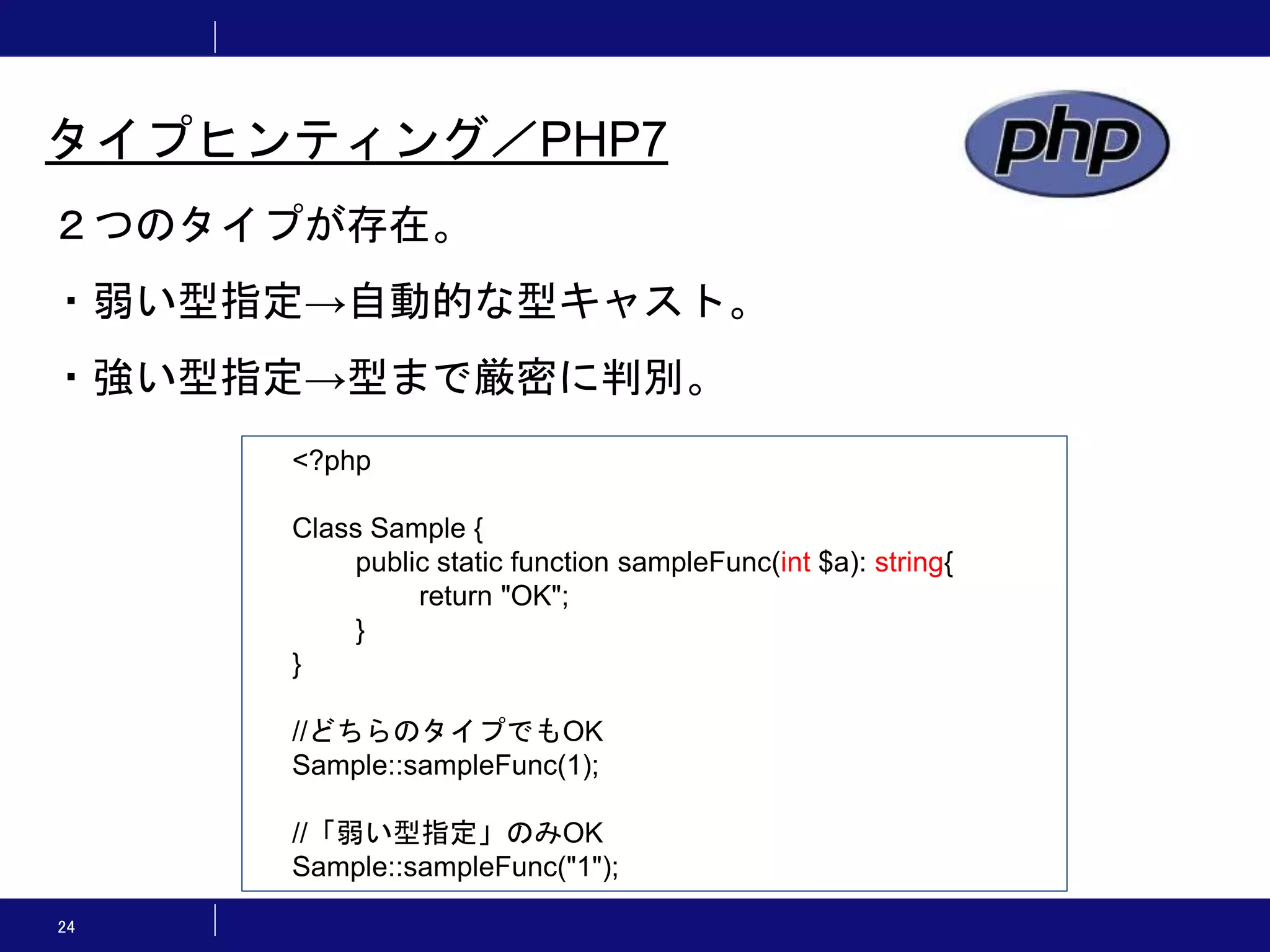 24 タイプヒンティング／PHP7 ２つのタイプが存在。 ・弱い型指定→自動的な型キャスト。 ・強い型指定→型まで厳密に判別。 <?php Class Sample { public static function sampleFunc(int $a): string{ return "OK"; } } //どちらのタイプでもOK Sample::sampleFunc(1); //「弱い型指定」のみOK Sample::sampleFunc("1"); 