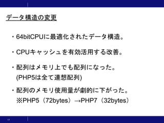 17
・64bitCPUに最適化されたデータ構造。
・CPUキャッシュを有効活用する改善。
・配列はメモリ上でも配列になった。
(PHP5は全て連想配列)
・配列のメモリ使用量が劇的に下がった。
※PHP5（72bytes）→PHP7（32bytes）
データ構造の変更
 