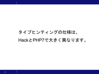23
タイプヒンティングの仕様は、
HackとPHP7で大きく異なります。
 