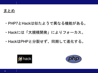65
まとめ
・PHP7とHackは似たようで異なる機能がある。
・Hackには「大規模開発」によりフォーカス。
・HackはPHPと分裂せず、同期して進化する。
 