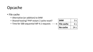 Opcache
• File cache
• Alternative (or addition) to SHM
• Shared hosting? PHP restart / cache reset?
• Time for 500 sequential WP 4.1 requests
SHM 3 s
File cache 6 s
No cache 24 s
 
