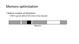 Memory optimization
• Reduce number of allocations
• PHP 5 spends 20% of CPU time in the allocator
Memory
 