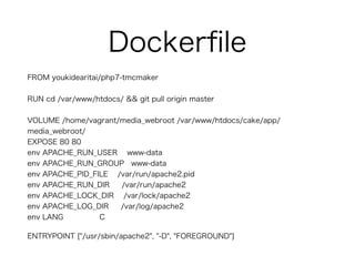 Dockerﬁle
FROM youkidearitai/php7-tmcmaker
RUN cd /var/www/htdocs/ && git pull origin master
VOLUME /home/vagrant/media_webroot /var/www/htdocs/cake/app/
media_webroot/
EXPOSE 80 80
env APACHE_RUN_USER www-data
env APACHE_RUN_GROUP www-data
env APACHE_PID_FILE /var/run/apache2.pid
env APACHE_RUN_DIR /var/run/apache2
env APACHE_LOCK_DIR /var/lock/apache2
env APACHE_LOG_DIR /var/log/apache2
env LANG C
ENTRYPOINT ["/usr/sbin/apache2", "-D", "FOREGROUND"]
 