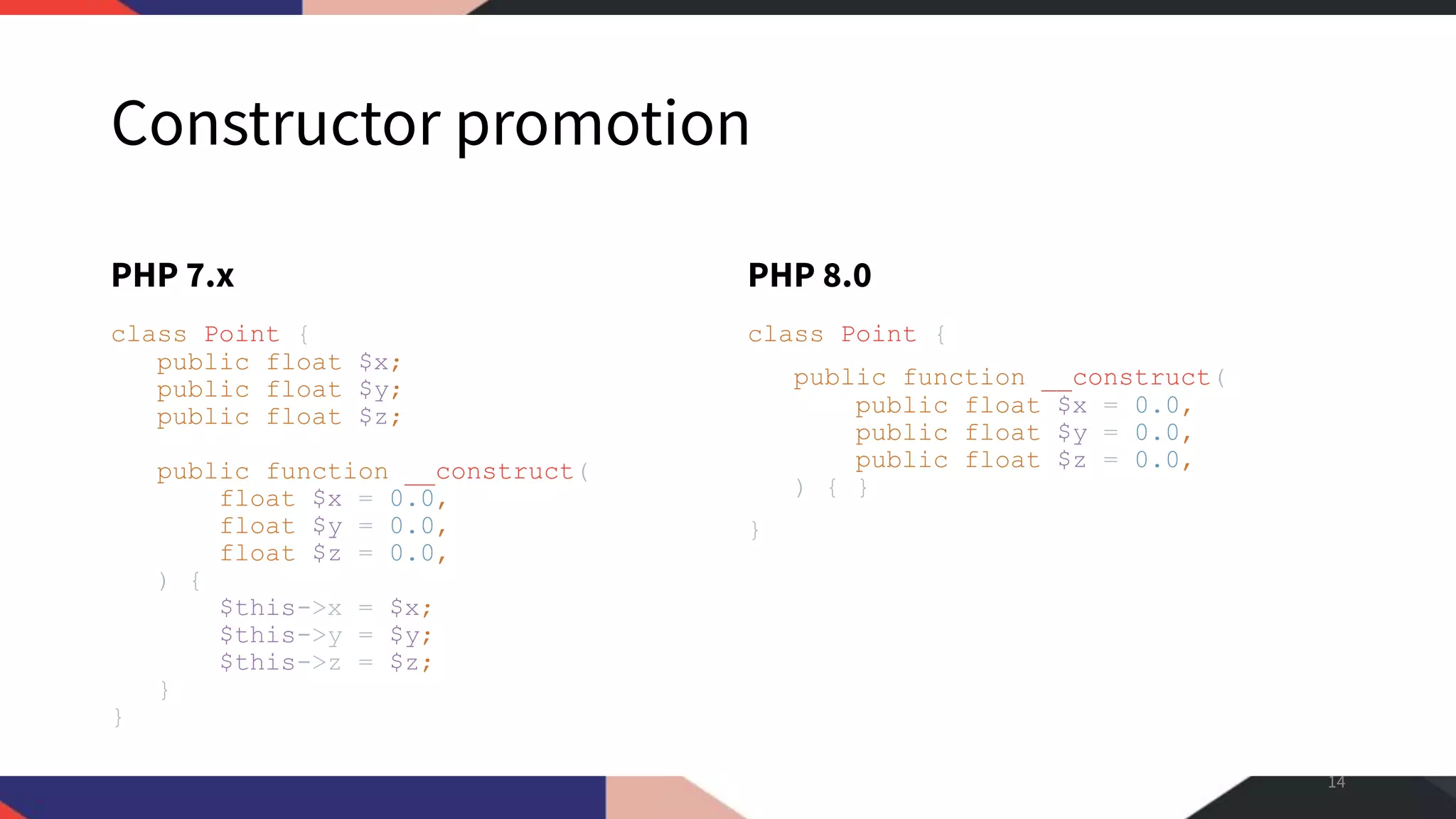 Constructor promotion PHP 7.x class Point { public float $x; public float $y; public float $z; public function __construct( float $x = 0.0, float $y = 0.0, float $z = 0.0, ) { $this->x = $x; $this->y = $y; $this->z = $z; } } PHP 8.0 class Point { public function __construct( public float $x = 0.0, public float $y = 0.0, public float $z = 0.0, ) { } } 14 