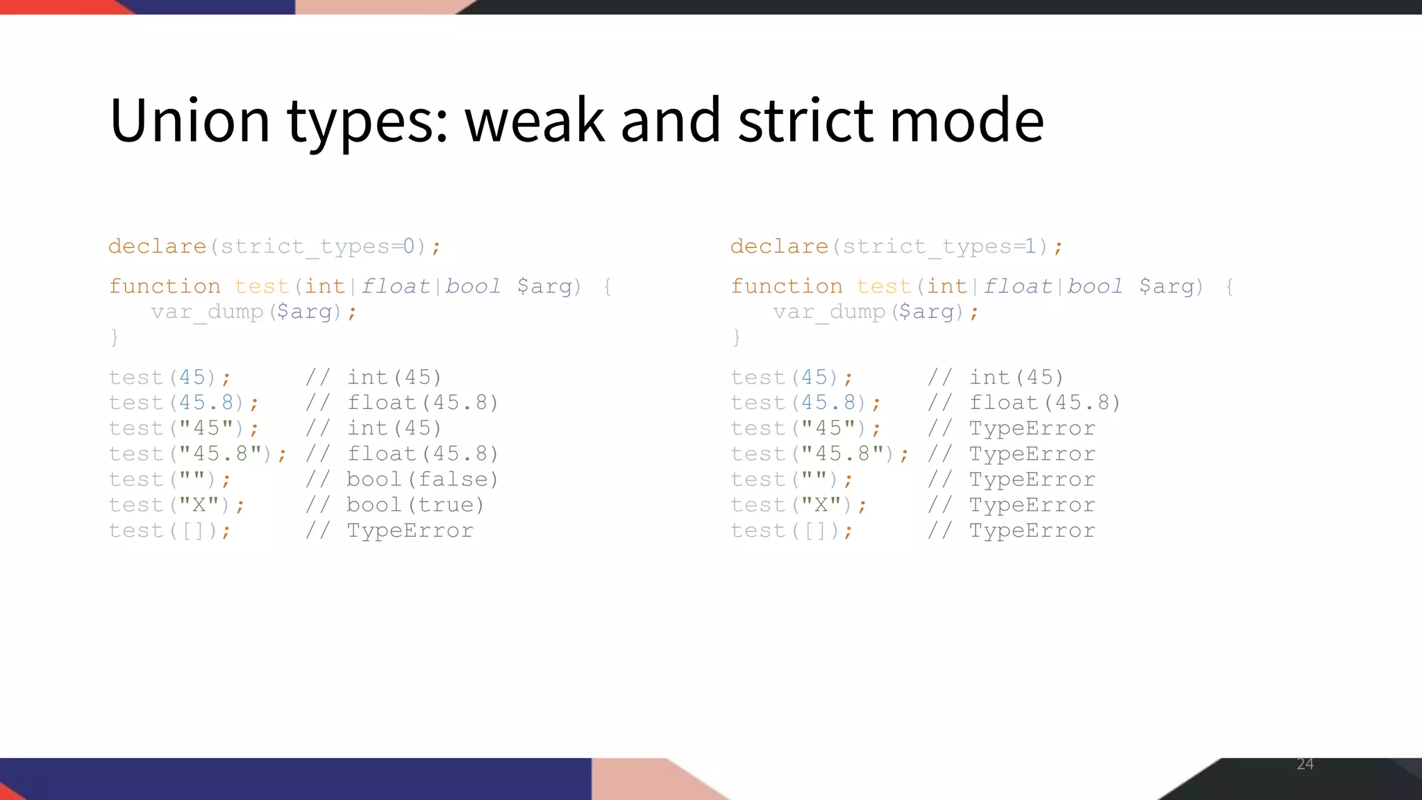 Union types: weak and strict mode declare(strict_types=0); function test(int|float|bool $arg) { var_dump($arg); } test(45); // int(45) test(45.8); // float(45.8) test("45"); // int(45) test("45.8"); // float(45.8) test(""); // bool(false) test("X"); // bool(true) test([]); // TypeError declare(strict_types=1); function test(int|float|bool $arg) { var_dump($arg); } test(45); // int(45) test(45.8); // float(45.8) test("45"); // TypeError test("45.8"); // TypeError test(""); // TypeError test("X"); // TypeError test([]); // TypeError 24 