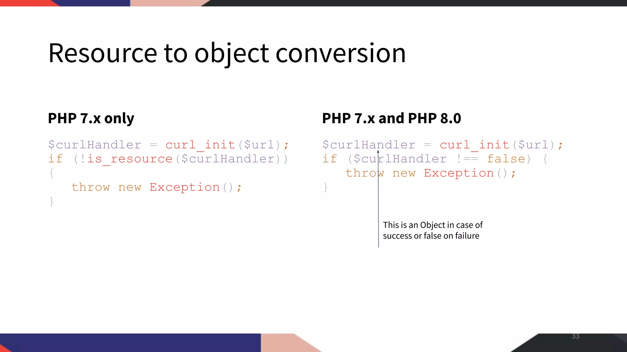 Resource to object conversion PHP 7.x only $curlHandler = curl_init($url); if (!is_resource($curlHandler)) { throw new Exception(); } PHP 7.x and PHP 8.0 $curlHandler = curl_init($url); if ($curlHandler !== false) { throw new Exception(); } 33 This is an Object in case of success or false on failure 