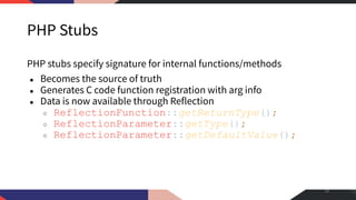 PHP Stubs
PHP stubs specify signature for internal functions/methods
● Becomes the source of truth
● Generates C code function registration with arg info
● Data is now available through Reflection
○ ReflectionFunction::getReturnType();
○ ReflectionParameter::getType();
○ ReflectionParameter::getDefaultValue();
29
 