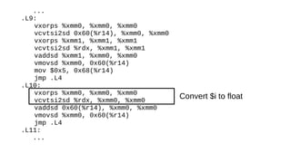 ...
.L9:
vxorps %xmm0, %xmm0, %xmm0
vcvtsi2sd 0x60(%r14), %xmm0, %xmm0
vxorps %xmm1, %xmm1, %xmm1
vcvtsi2sd %rdx, %xmm1, %xmm1
vaddsd %xmm1, %xmm0, %xmm0
vmovsd %xmm0, 0x60(%r14)
mov $0x5, 0x68(%r14)
jmp .L4
.L10:
vxorps %xmm0, %xmm0, %xmm0
vcvtsi2sd %rdx, %xmm0, %xmm0
vaddsd 0x60(%r14), %xmm0, %xmm0
vmovsd %xmm0, 0x60(%r14)
jmp .L4
.L11:
...
Convert $i to float
 