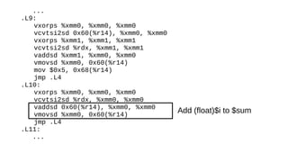 ...
.L9:
vxorps %xmm0, %xmm0, %xmm0
vcvtsi2sd 0x60(%r14), %xmm0, %xmm0
vxorps %xmm1, %xmm1, %xmm1
vcvtsi2sd %rdx, %xmm1, %xmm1
vaddsd %xmm1, %xmm0, %xmm0
vmovsd %xmm0, 0x60(%r14)
mov $0x5, 0x68(%r14)
jmp .L4
.L10:
vxorps %xmm0, %xmm0, %xmm0
vcvtsi2sd %rdx, %xmm0, %xmm0
vaddsd 0x60(%r14), %xmm0, %xmm0
vmovsd %xmm0, 0x60(%r14)
jmp .L4
.L11:
...
Add (float)$i to $sum
 