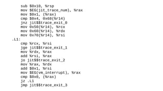 sub $0x10, %rsp
mov $EG(jit_trace_num), %rax
mov $0x1, (%rax)
cmp $0x4, 0x68(%r14)
jnz jit$$trace_exit_0
mov 0x50(%r14), %rcx
mov 0x60(%r14), %rdx
mov 0x70(%r14), %rsi
.L1:
cmp %rcx, %rsi
jge jit$$trace_exit_1
mov %rdx, %rax
add %rsi, %rax
jo jit$$trace_exit_2
mov %rax, %rdx
add $0x1, %rsi
mov $EG(vm_interrupt), %rax
cmp $0x0, (%rax)
jz .L1
jmp jit$$trace_exit_3
 
