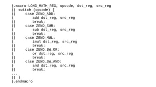 |.macro LONG_MATH_REG, opcode, dst_reg, src_reg
|| switch (opcode) {
|| case ZEND_ADD:
| add dst_reg, src_reg
|| break;
|| case ZEND_SUB:
| sub dst_reg, src_reg
|| break;
|| case ZEND_MUL:
| imul dst_reg, src_reg
|| break;
|| case ZEND_BW_OR:
| or dst_reg, src_reg
|| break;
|| case ZEND_BW_AND:
| and dst_reg, src_reg
|| break;
...
|| }
|.endmacro
 
