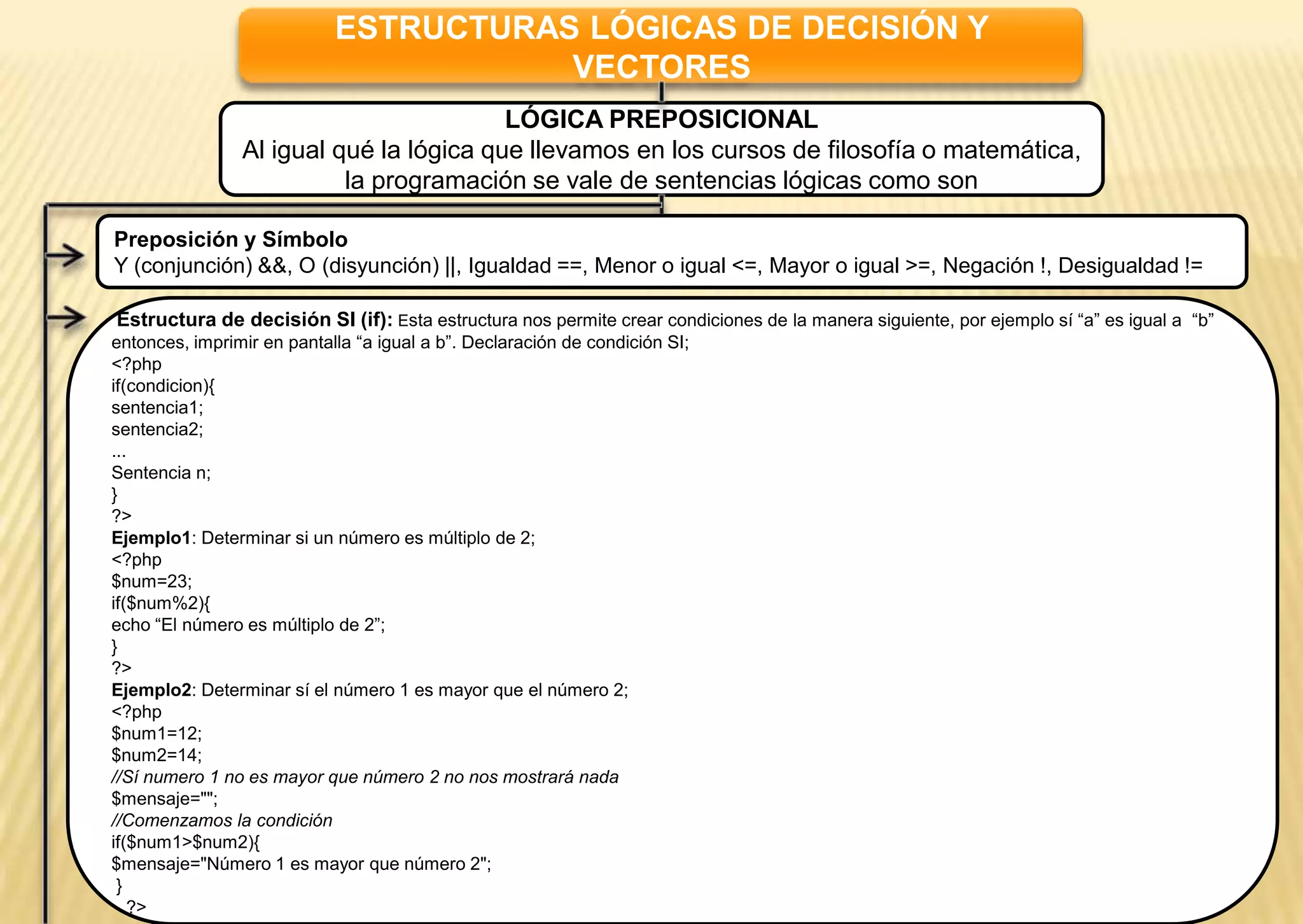 ESTRUCTURAS LÓGICAS DE DECISIÓN Y
VECTORES
LÓGICA PREPOSICIONAL
Al igual qué la lógica que llevamos en los cursos de filosofía o matemática,
la programación se vale de sentencias lógicas como son
Preposición y Símbolo
Y (conjunción) &&, O (disyunción) ||, Igualdad ==, Menor o igual <=, Mayor o igual >=, Negación !, Desigualdad !=
Estructura de decisión SI (if): Esta estructura nos permite crear condiciones de la manera siguiente, por ejemplo sí “a” es igual a “b”
entonces, imprimir en pantalla “a igual a b”. Declaración de condición SI;
<?php
if(condicion){
sentencia1;
sentencia2;
...
Sentencia n;
}
?>
Ejemplo1: Determinar si un número es múltiplo de 2;
<?php
$num=23;
if($num%2){
echo “El número es múltiplo de 2”;
}
?>
Ejemplo2: Determinar sí el número 1 es mayor que el número 2;
<?php
$num1=12;
$num2=14;
//Sí numero 1 no es mayor que número 2 no nos mostrará nada
$mensaje="";
//Comenzamos la condición
if($num1>$num2){
$mensaje="Número 1 es mayor que número 2";
}
?>
 