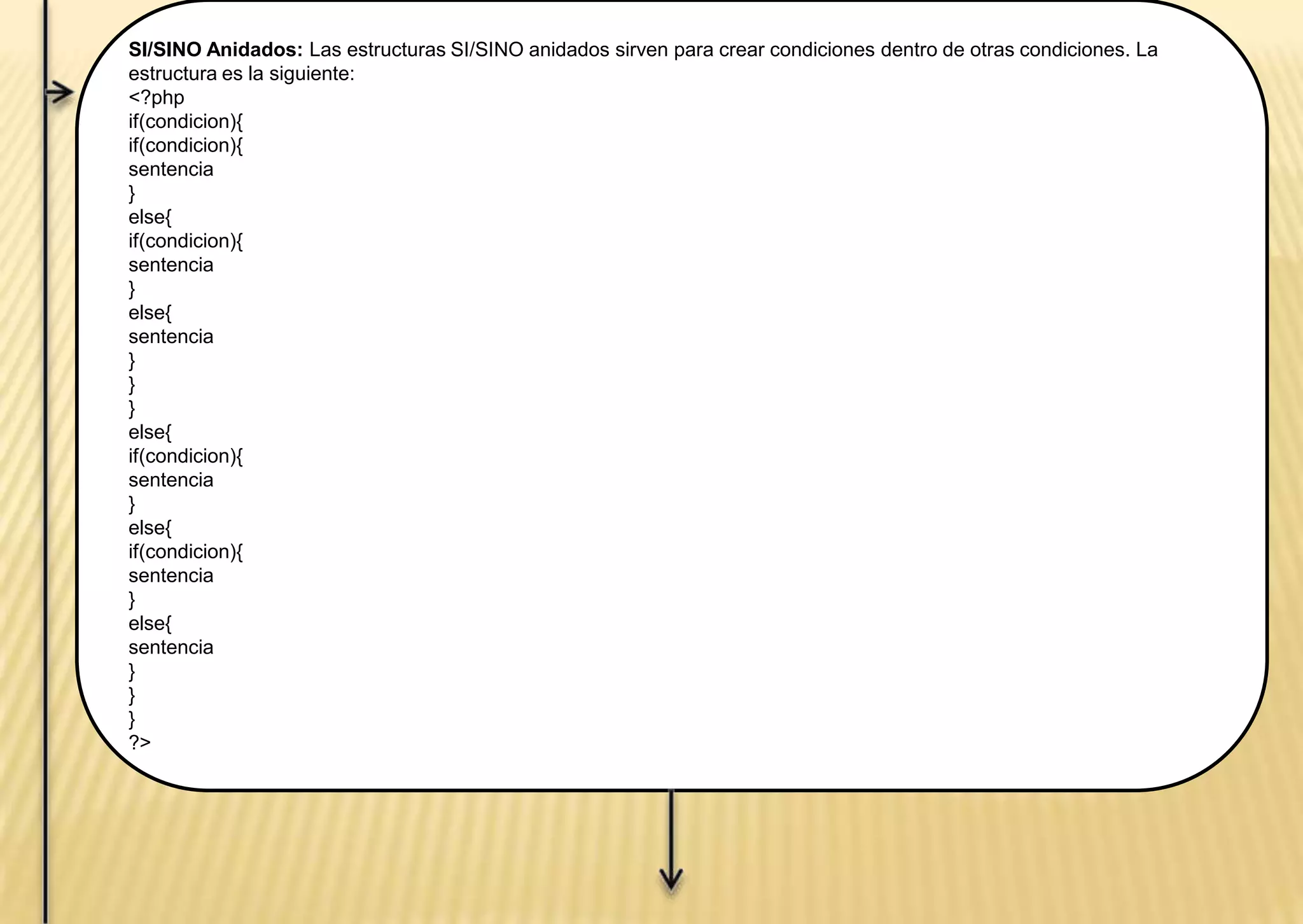 SI/SINO Anidados: Las estructuras SI/SINO anidados sirven para crear condiciones dentro de otras condiciones. La
estructura es la siguiente:
<?php
if(condicion){
if(condicion){
sentencia
}
else{
if(condicion){
sentencia
}
else{
sentencia
}
}
}
else{
if(condicion){
sentencia
}
else{
if(condicion){
sentencia
}
else{
sentencia
}
}
}
?>
 