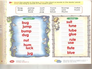 bug      suit
 jump     tune
bump      tube
dug       glue
 nut      rule
         use
 hum
  luck   flute
   jug   blue
 