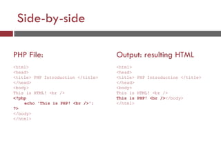 Side-by-side
PHP File:
<html>
<head>
<title> PHP Introduction </title>
</head>
<body>
This is HTML! <br />
<?php
echo 'This is PHP! <br />';
?>
</body>
</html>
Output: resulting HTML
<html>
<head>
<title> PHP Introduction </title>
</head>
<body>
This is HTML! <br />
This is PHP! <br /></body>
</html>
 