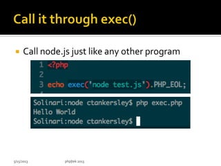  Call node.js just like any other program
5/15/2013 php|tek 2013
 