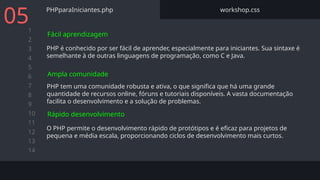 1
2
3
4
5
6
7
8
9
10
11
12
13
14
PHPparaIniciantes.php workshop.css
PHP é conhecido por ser fácil de aprender, especialmente para iniciantes. Sua sintaxe é
semelhante à de outras linguagens de programação, como C e Java.
05
Fácil aprendizagem
PHP tem uma comunidade robusta e ativa, o que significa que há uma grande
quantidade de recursos online, fóruns e tutoriais disponíveis. A vasta documentação
facilita o desenvolvimento e a solução de problemas.
Ampla comunidade
O PHP permite o desenvolvimento rápido de protótipos e é eficaz para projetos de
pequena e média escala, proporcionando ciclos de desenvolvimento mais curtos.
Rápido desenvolvimento
 