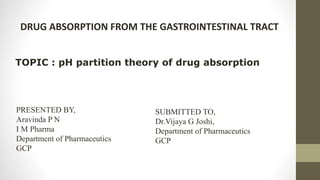 DRUG ABSORPTION FROM THE GASTROINTESTINAL TRACT
TOPIC : pH partition theory of drug absorption
PRESENTED BY,
Aravinda P N
I M Pharma
Department of Pharmaceutics
GCP
SUBMITTED TO,
Dr.Vijaya G Joshi,
Department of Pharmaceutics
GCP
 