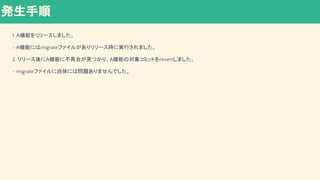 発生手順
1. A機能をリリースしました。
- A機能にはmigrateファイルがありリリース時に実行されました。
2. リリース後にA機能に不具合が見つかり、A機能の対象コミットをrevertしました。
- migrateファイルに自体には問題ありませんでした。
 