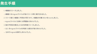 発生手順
1. A機能をリリースしました。
- A機能にはmigrateファイルがありリリース時に実行されました。
2. リリース後にA機能に不具合が見つかり、A機能の対象コミットをrevertしました。
- migrateファイルに自体には問題ありませんでした。
3. 後日不具合を修正したものを再度リリースしました。
- 1.と2. のmigrateファイルの内容には差分がありませんでした。
-- なのでmigrateは実行しませんでした。
 