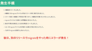 1. A機能をリリースしました。
- A機能にはmigrateファイルがありリリース時に実行されました。
2. リリース後にA機能に不具合が見つかり、A機能の対象コミットをrevertしました。
- migrateファイルに自体には問題ありませんでした。
3. 後日不具合を修正したものを再度リリースしました。
- 1.と2. のmigrateファイルの内容には差分がありませんでした。
-- なのでmigrateは実行しませんでした。
後日、別のリリースでmigrateをやった時にエラーが発生！
発生手順
 