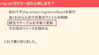 migrateでエラー出たら何します？
1. あわてずphp artisan migrate:rollbackを実行
2. 良くわからんので対象のファイルを削除
3. 根性でテーブルを手動で更新
4. その回のリリースを諦める
これで乗り切りました。
 