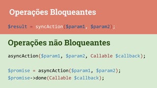Operações Bloqueantes
Operações não Bloqueantes
$result = syncAction($param1, $param2);
asyncAction($param1, $param2, Callable $callback);
$promise = asyncAction($param1, $param2);
$promise->done(Callable $callback);
 