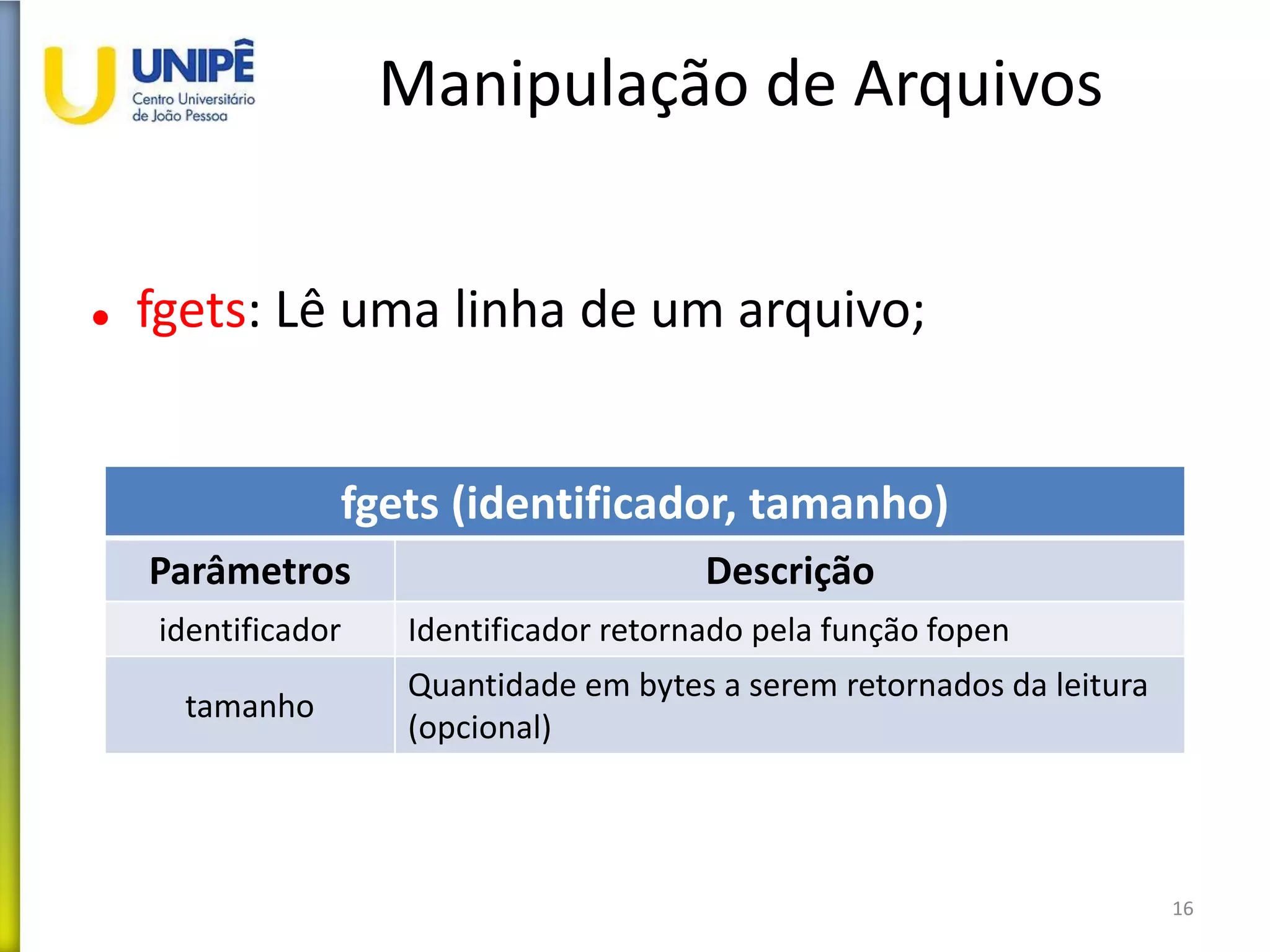 Manipulação de Arquivos
 fgets: Lê uma linha de um arquivo;
16
fgets (identificador, tamanho)
Parâmetros Descrição
identificador Identificador retornado pela função fopen
tamanho
Quantidade em bytes a serem retornados da leitura
(opcional)
 