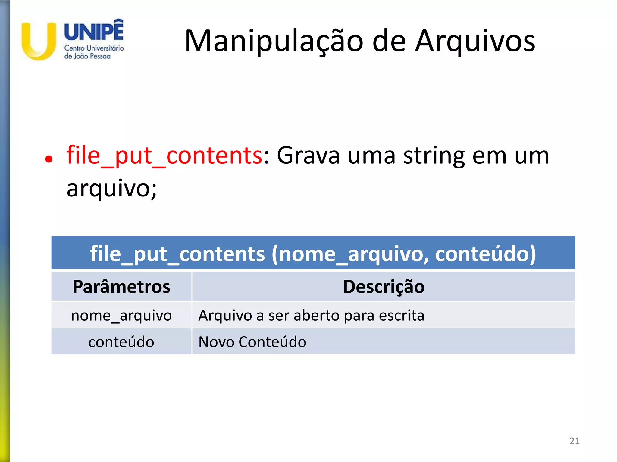 Manipulação de Arquivos
 file_put_contents: Grava uma string em um
arquivo;
21
file_put_contents (nome_arquivo, conteúdo)
Parâmetros Descrição
nome_arquivo Arquivo a ser aberto para escrita
conteúdo Novo Conteúdo
 