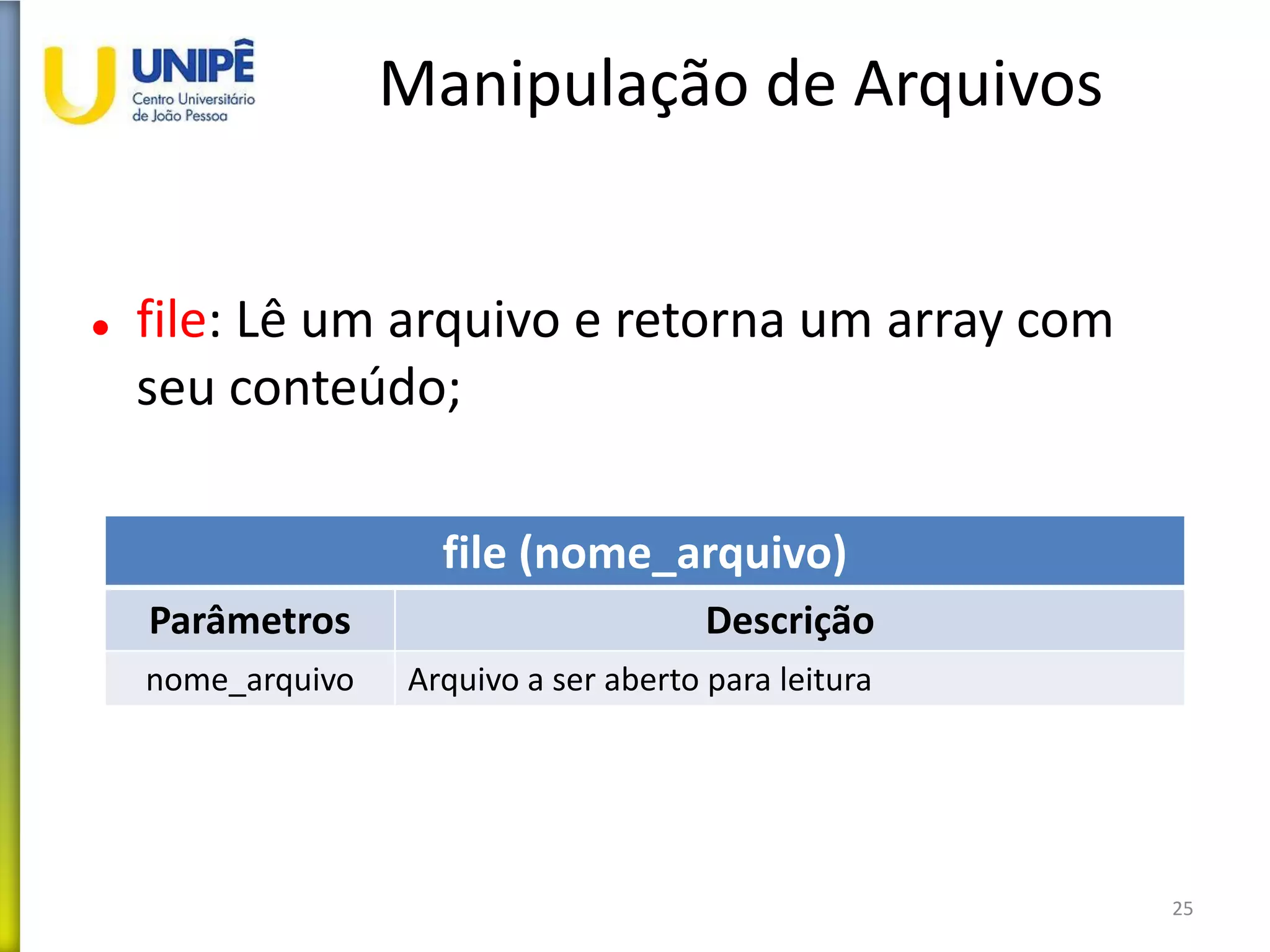 Manipulação de Arquivos
 file: Lê um arquivo e retorna um array com
seu conteúdo;
25
file (nome_arquivo)
Parâmetros Descrição
nome_arquivo Arquivo a ser aberto para leitura
 