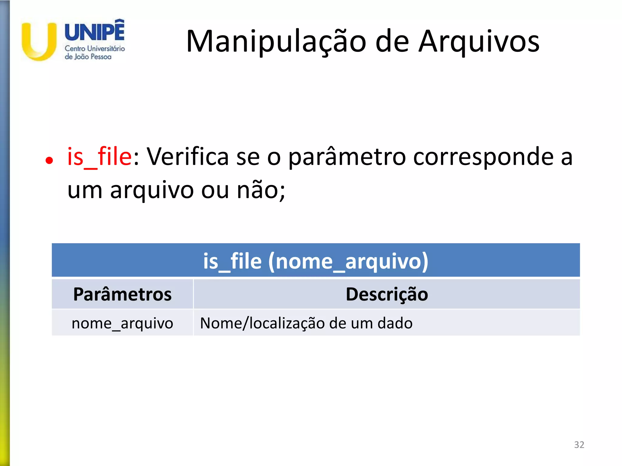 Manipulação de Arquivos
 is_file: Verifica se o parâmetro corresponde a
um arquivo ou não;
32
is_file (nome_arquivo)
Parâmetros Descrição
nome_arquivo Nome/localização de um dado
 
