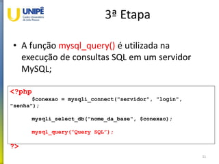3ª Etapa
• A função mysql_query() é utilizada na
execução de consultas SQL em um servidor
MySQL;
11
<?php
$conexao = mysqli_connect("servidor", "login",
"senha");
mysqli_select_db("nome_da_base", $conexao);
mysql_query(“Query SQL”);
?>
 