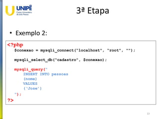 3ª Etapa
• Exemplo 2:
13
<?php
$conexao = mysqli_connect(“localhost", “root", "");
mysqli_select_db(“cadastro", $conexao);
mysqli_query(“
INSERT INTO pessoas
(nome)
VALUES
(‘Jose’)
");
?>
 