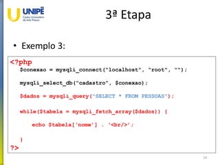 3ª Etapa
• Exemplo 3:
14
<?php
$conexao = mysqli_connect(“localhost", “root", "");
mysqli_select_db(“cadastro", $conexao);
$dados = mysqli_query("SELECT * FROM PESSOAS");
while($tabela = mysqli_fetch_array($dados)) {
echo $tabela[‘nome’] . ‘<br/>’;
}
?>
 
